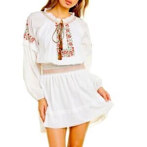 Nicole Miller Collection Embroidered Boho, Minidress, White, Festival, S